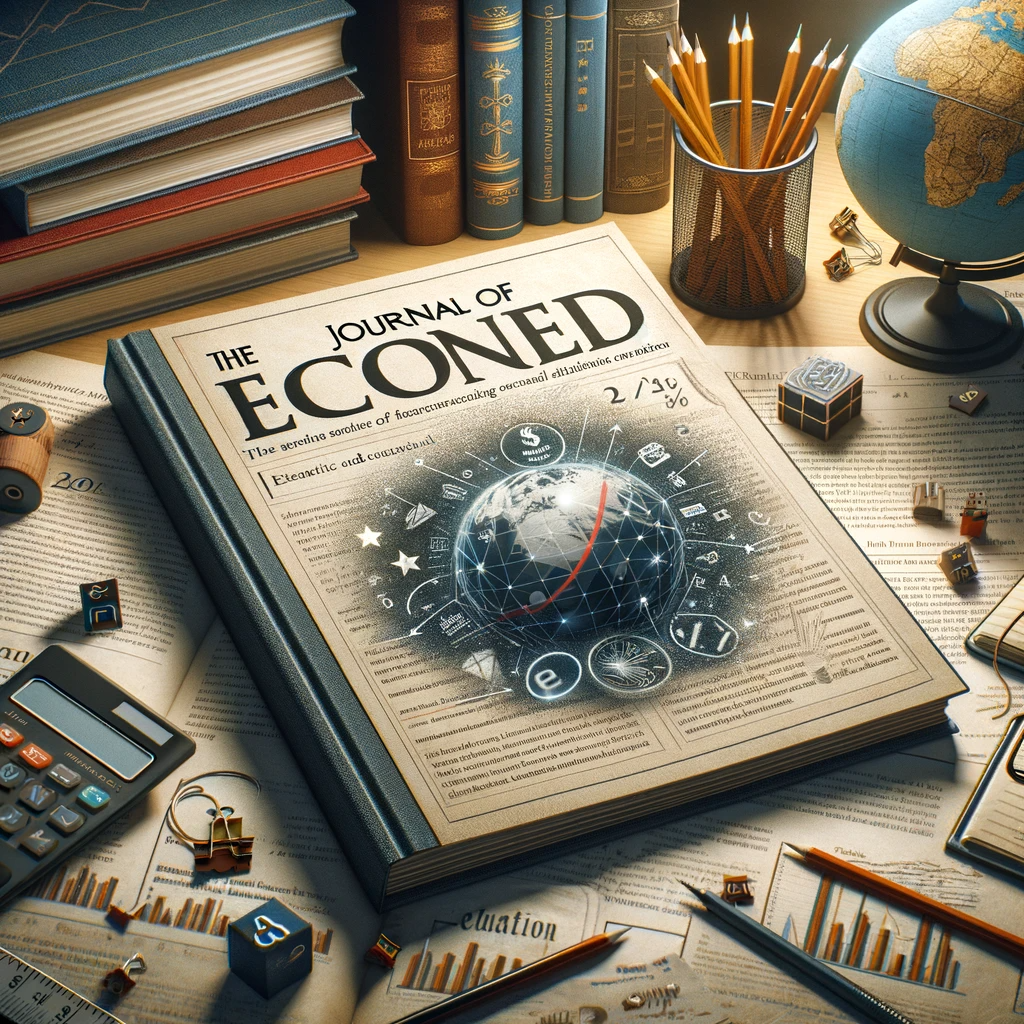 An image of an open 'Journal of EconEd' on a scholarly desk, surrounded by economic textbooks, a globe, a calculator, and educational tools, reflecting the journal's focus on economic education and academic innovation.