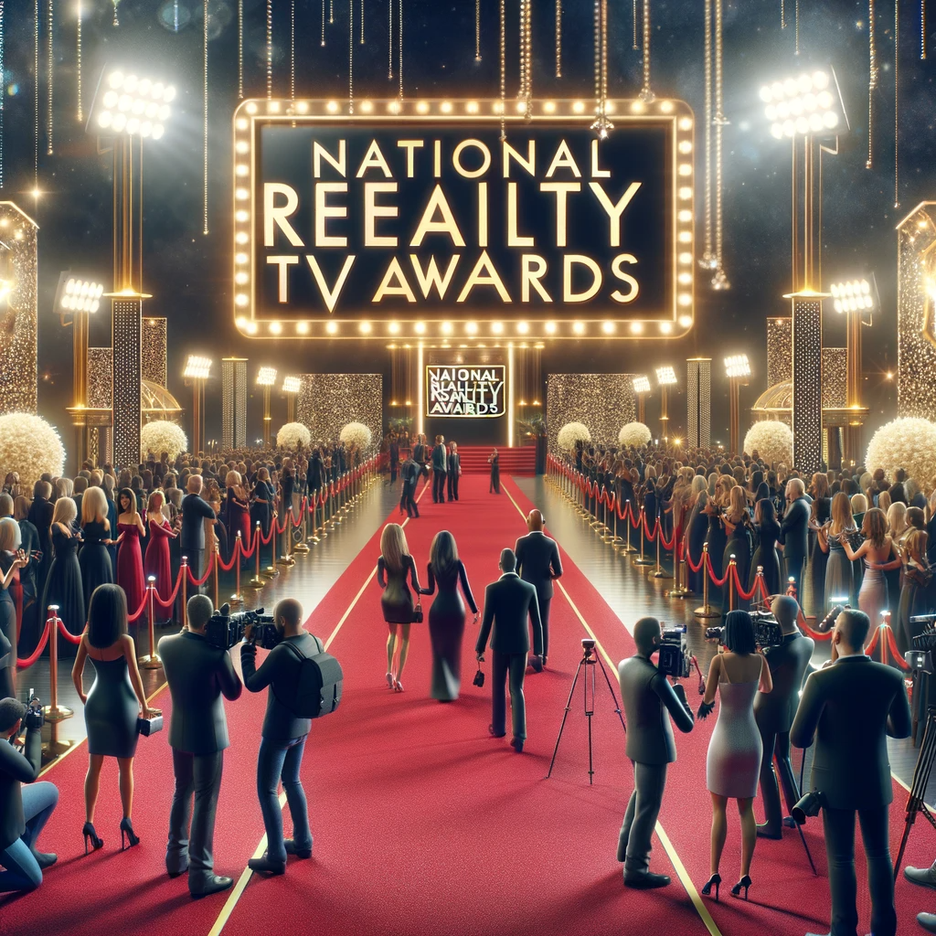 An illustration of a bustling red carpet event at the National Reality TV Awards, with celebrities walking the carpet, photographers capturing the moment, and fans cheering, under a banner that reads 'National Reality TV Awards' in a luxurious evening setting.